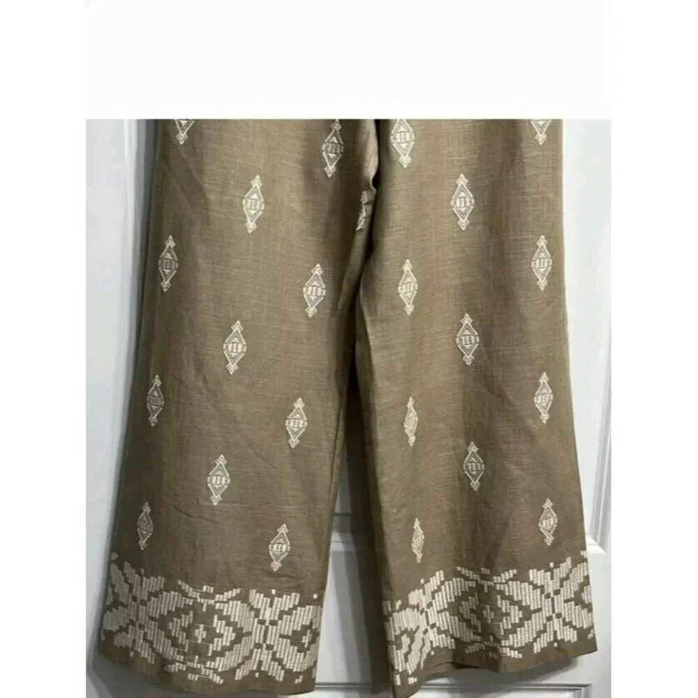 ZARA Linen Blend Embroidered Wide Leg Crop Pants Beige Blogger F 2731 047
